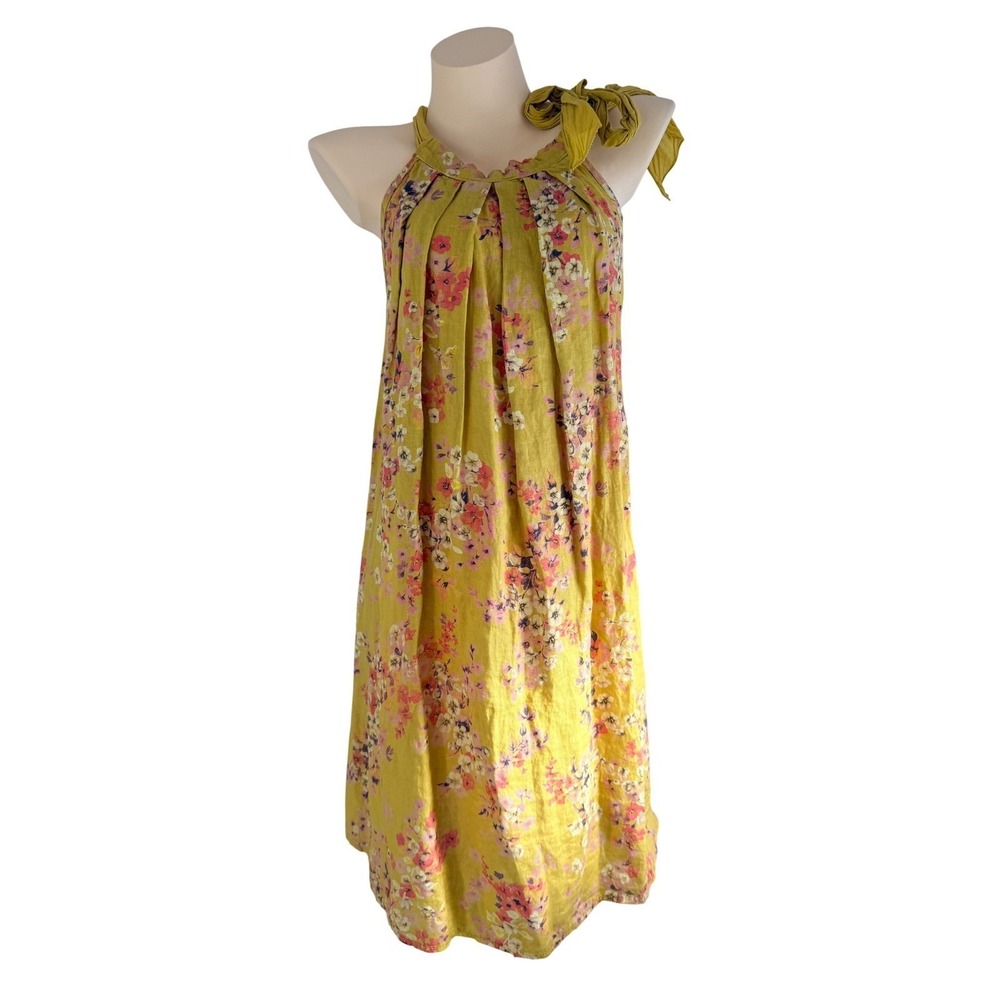 Bellambra Made in Italy 100% Linen Floral Halter Dress Yellow Pink Small